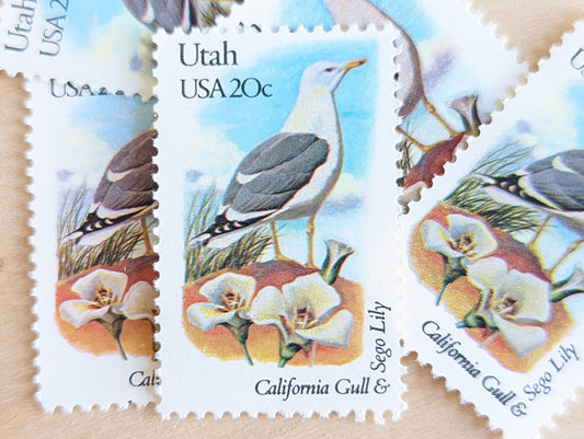 Utah State Stamp, Set of 5, Vintage Unused USPS 20 Cent Postage Stamps, State Bird and Flower 1982, Gummed