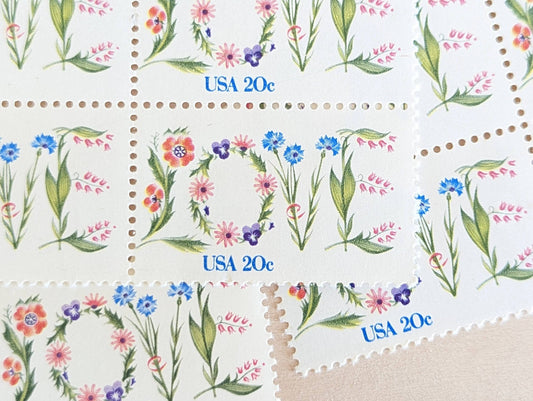 Love Flower Stamps, 20 cent stamps, 1982 Unused USPS Postage Stamps, Love floral