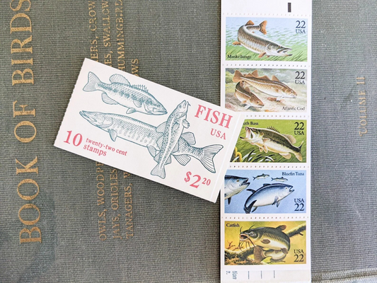 Fish, Booklet of 10, Vintage Unused USPS 22 Cent Postage Stamps, Fish Stamps (Muskellunge, Atlantic Cod, Largemouth Bass, Bluefin Tuna, Catfish), 1986, Gummed