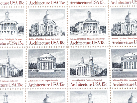 Architecture, Vintage Unused USPS 15 Cent Postage Stamps, American Architecture (Boston State House, Philadelphia Exchange, Baltimore Cathedral, Virginia Rotunda), 1979, Gummed