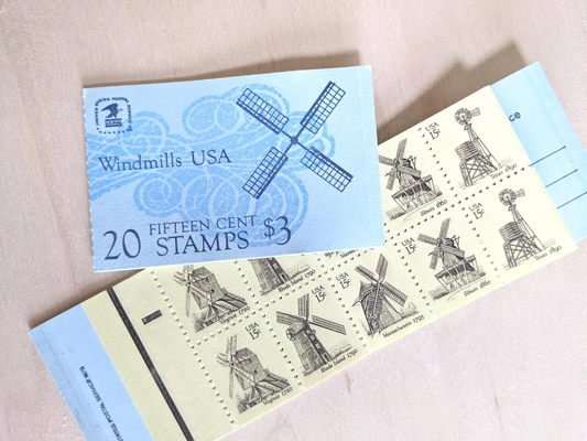 Windmills, Booklet of 20, Vintage Unused USPS 15 Cent Postage Stamps, Windmills (Virginia, Rhode Island, Massachusetts, Illinois, and Texas), 1980, Gummed
