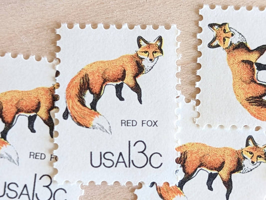 Set of 10 Red Fox Postage Stamps, 13 Cent 1978 Unused Postage Stamps, Woodland Animal Stamps