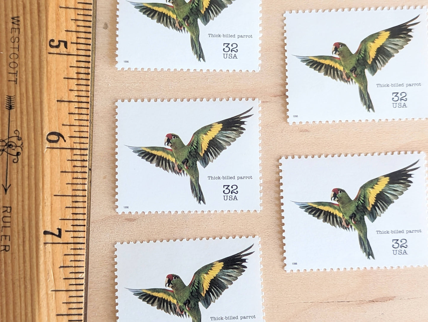 5 Thick Billed Parrot Stamps, 32 Cent Unused Postage Stamps, Endangered Species 1995