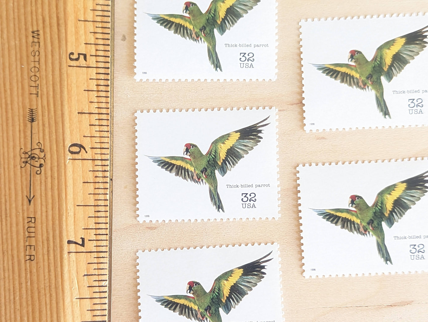 5 Thick Billed Parrot Stamps, 32 Cent Unused Postage Stamps, Endangered Species 1995