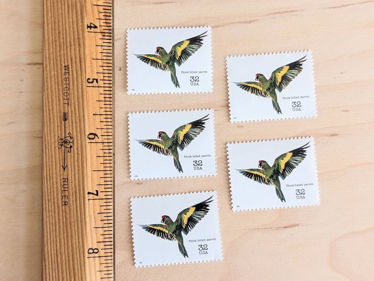 5 Thick Billed Parrot Stamps, 32 Cent Unused Postage Stamps, Endangered Species 1995