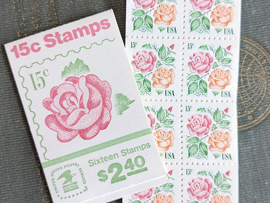 Rose, Booklet of 16, Vintage Unused USPS 15 Cent Postage Stamps, Medallion Rose, 1978, Gummed