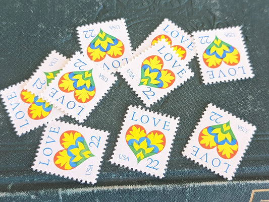 Set of 10 Love Heart Stamps, 22 cent stamps, 1987 Unused USPS Postage Stamps