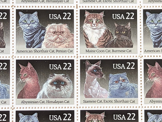 Cats, Sheet of 40, Vintage Unused USPS 22 Cent Postage Stamps, Cat Stamps (American Shorthair, Persian, Abyssinian, Himalayan, Siamese, Exotic Shorthair, Maine Coon, Burmese), 1987, Gummed